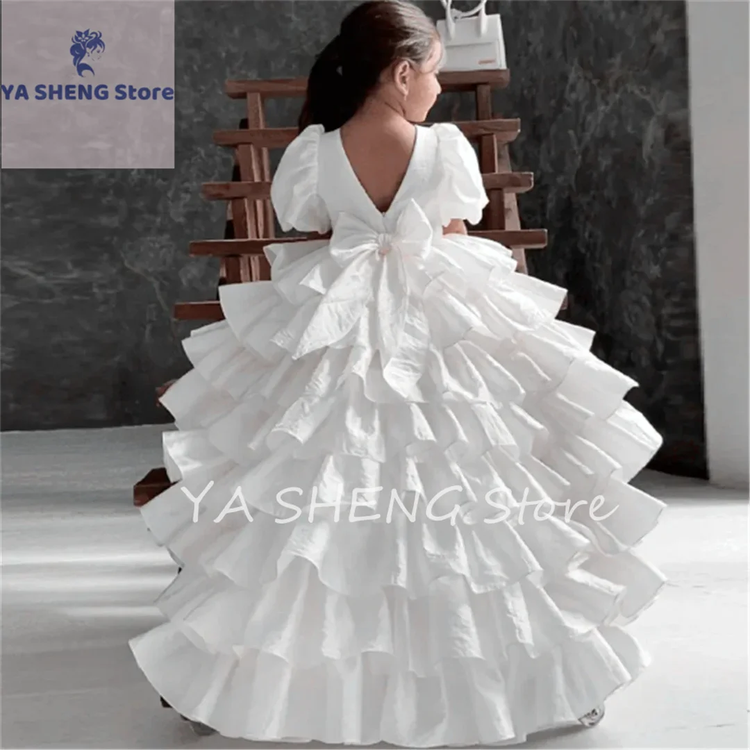 Elegant Flower Girl Dresses for Wedding Party Short Sleeves Puffy Stratification First Communion Gown Kids Birthday GIFT