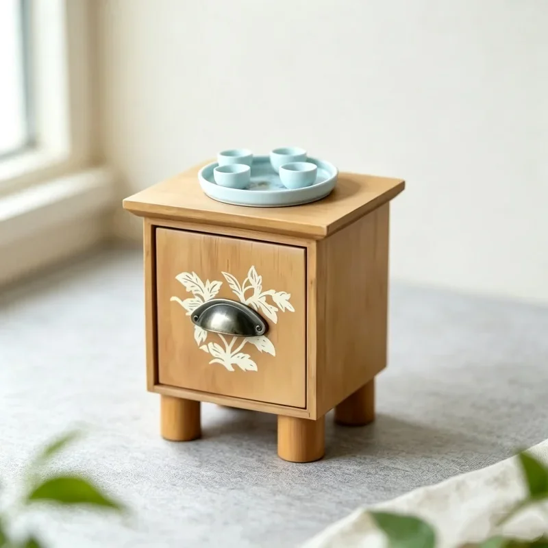 Small Wooden Storage Cabinet With Drawer Mini Ceramic Teaware Kit Indoor Scene Decoration Studio Shooting Backdrop Display Prop