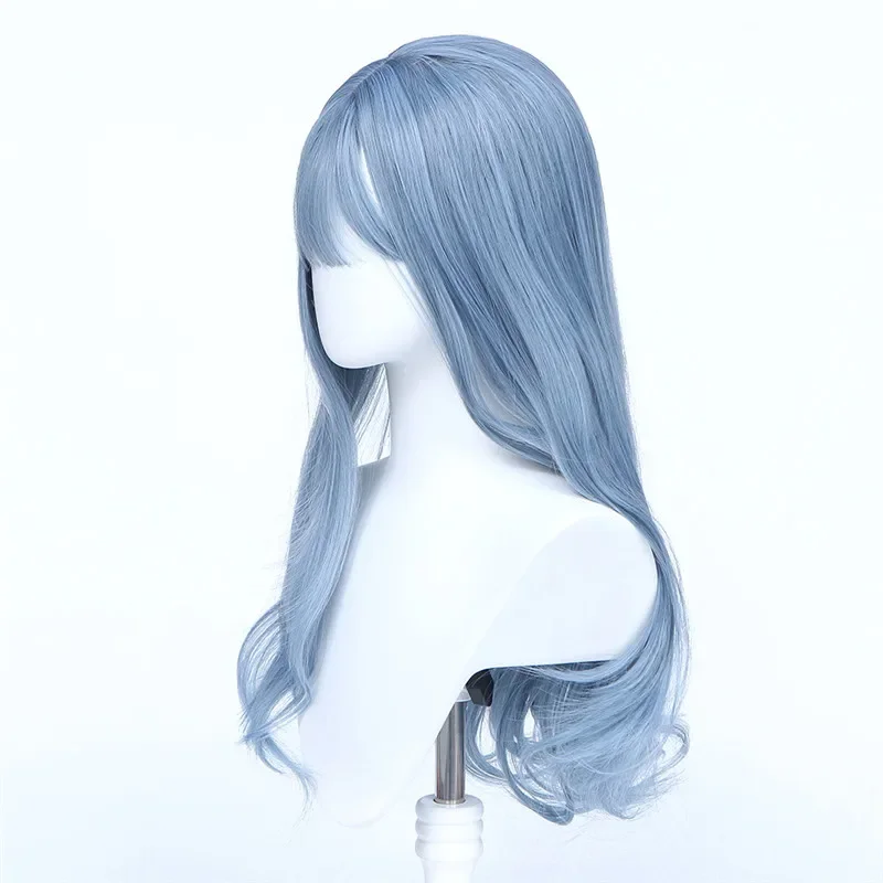 Wave Mixed Haze Blue long Wig for Women Heat Fiber Hair Cosplay Wigs with Bangs