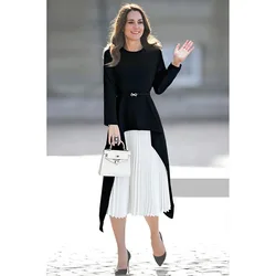 Princess Kate Middleton Dress New High Quality Runway Woman Dress O-Neck Long Sleeves Elegant Contrast Color Pleated Dresses NP