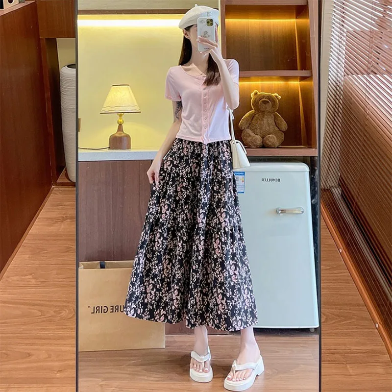 핑크 빈티지 꽃 프린트 롱 스커트 여성 우아한 streetwear 탄성 허리 미디 스커트 여성 여름을위한 다목적 a 라인 스커트