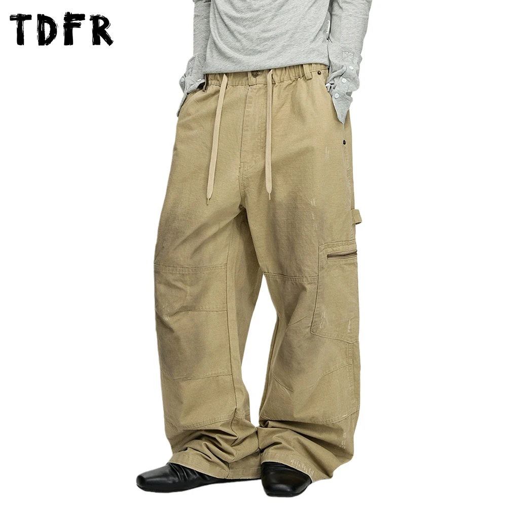 

Retro Pocket Carpenter pant Mens Scratch Spliced Washed Distressed Elastic Waist Straight Wide Leg Cargo Baggy Trousers Man