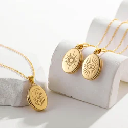 Stainless Steel Sun Moon Evil Eyes Photo Frame Locket Pendant Necklace for Women Collar Jewelry Birthday Gift for Her