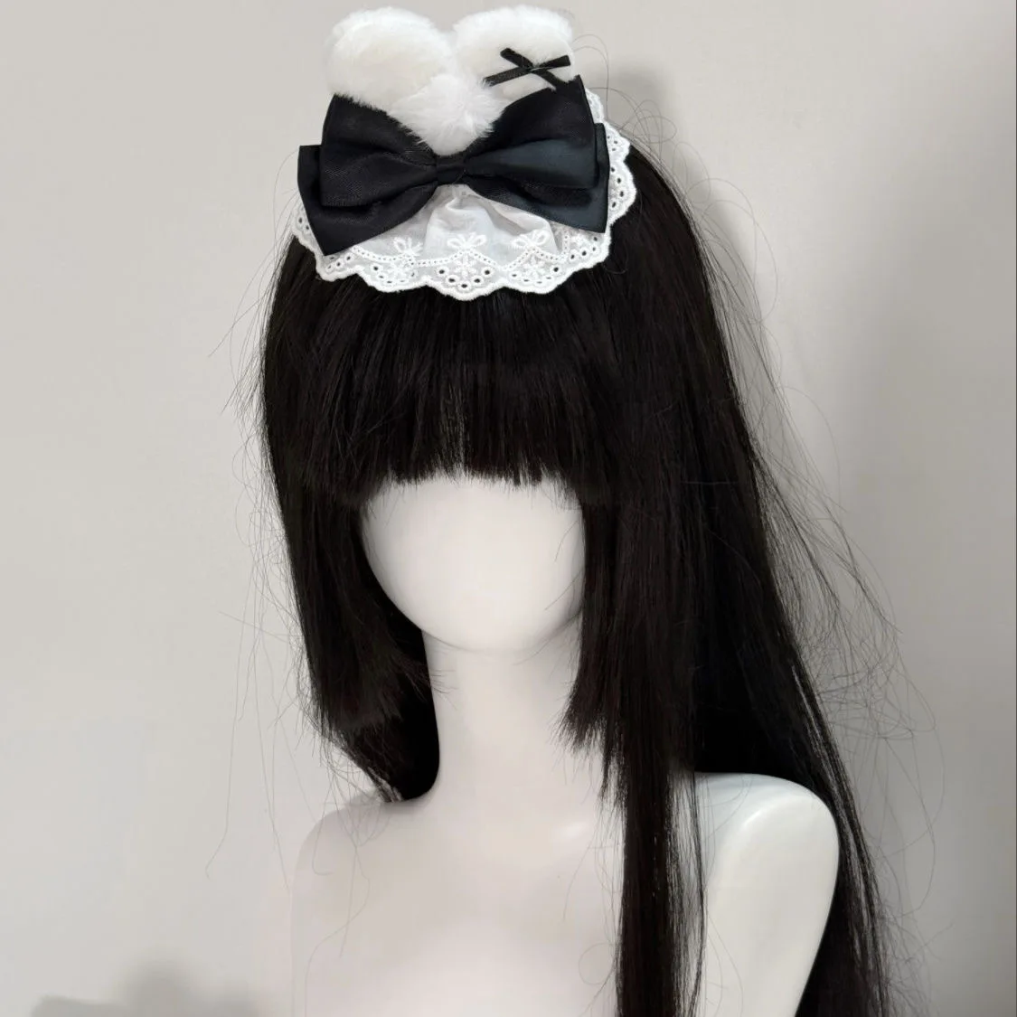 Oryginalna ręcznie robiona kokardka uszy królika dziewczyna nakrycie głowy w kształcie kuli czarno-biała mini koronkowa czapka spinka do włosów śliczna dekoracja Lolita