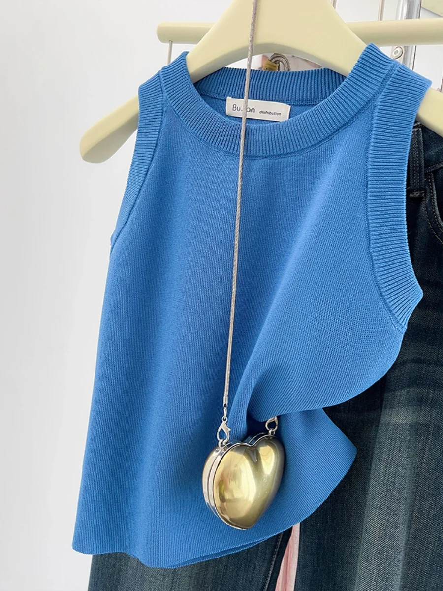 블루 아이스 실크 니트 스트랩 베스트 여성 여름 얇은 슬림핏 아우터웨어 베이스 셔츠 출퇴근용 슬리브 길이...