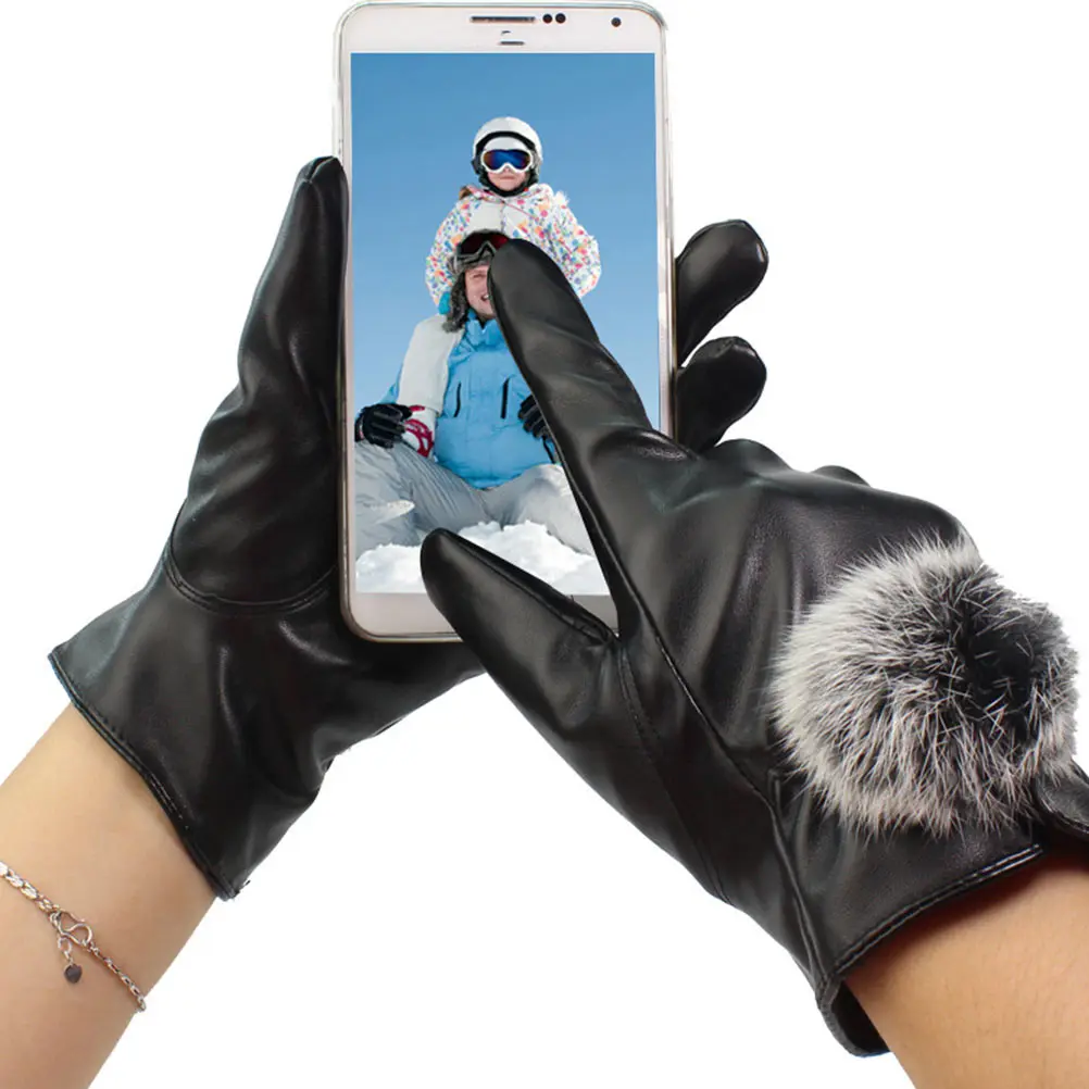

1Pair PU Touch Screen Gloves for Women Thickened Warm Winter Gloves Elegant Ball Decorated Ideal Gift for Her