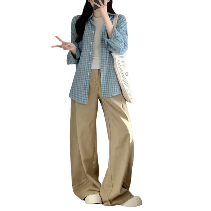 Plus Size Women's Casual Pants Autumn Khaki Cargo Jeans High Waist Loose Wide Leg Slimming Versatile Straight Leg Trousers