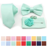 Men's Tie Set – Polyester Necktie, Bow Tie, Cufflinks and Brooch in Purple, Blue or Sage Green