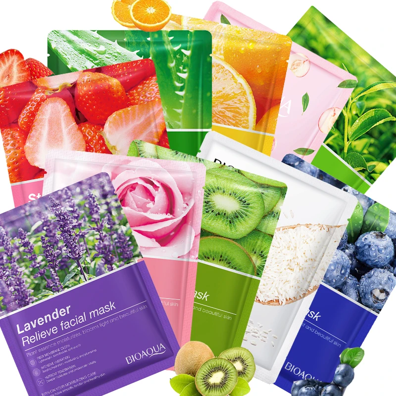 10pcs Skin Care Fruit Plant Facial Mask Moisturizing Oil-Control Stawberry Blueberry Kiwi Fruit Lavender Aloe Sheet Face Mask