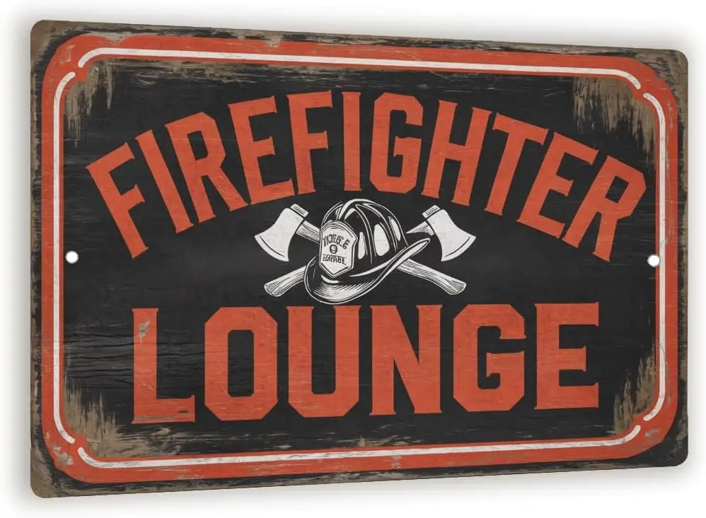 Firefighter Lounge Vintage Metal Sign – Rustic Fire Helmet And Axes Wall Decor – Firefighter Gift For Home Bar, Garage, Or Stati