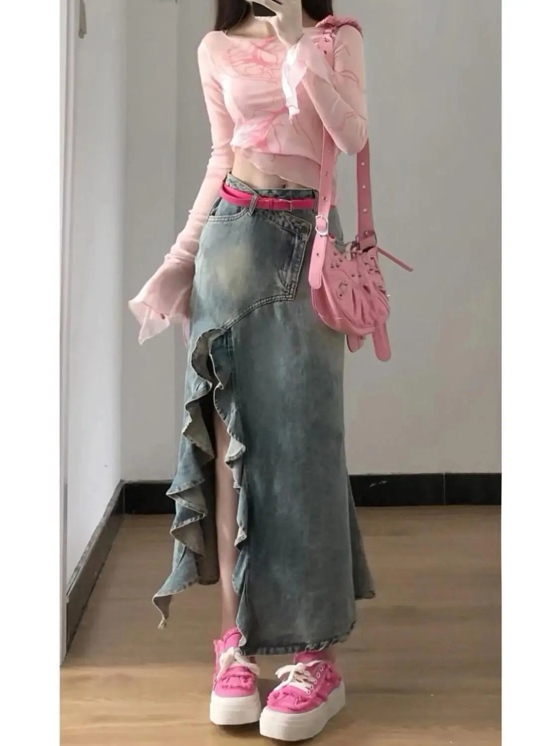 Handsome Girl Irregular Ruffles Split Denim Fishtail Skirt 2025 Summer New Blue High Waist Versatile Age-reducing Long Skirts