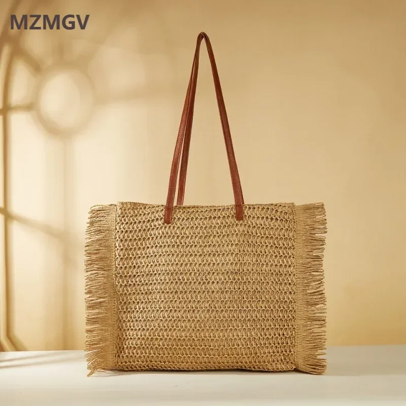

Handmade Paper Woven Women's Large Capacity Straw Bag Bohemian Tassel Summer Beach Bag Holiday Seaside Shopping Bag Sac A Main