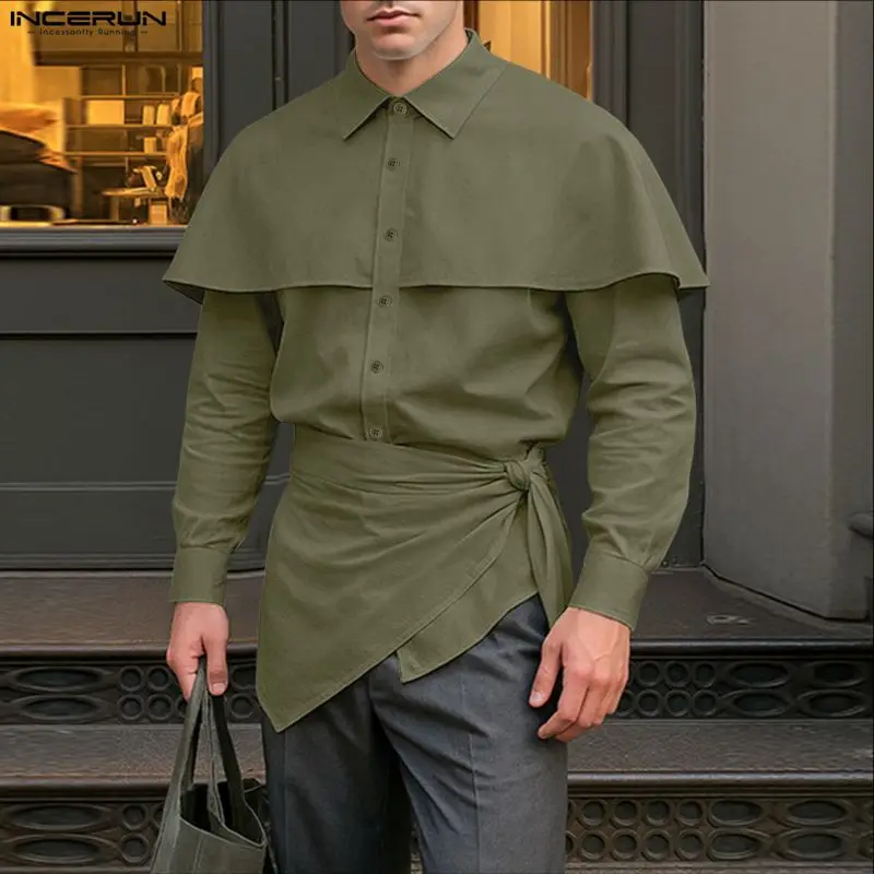 INCERUN Men Shirt Lapel Long Sleeve Solid Color Irregular Shirts Men Streetwear Loose Lace Up Fashion Casual Tops Camisas S-5XL