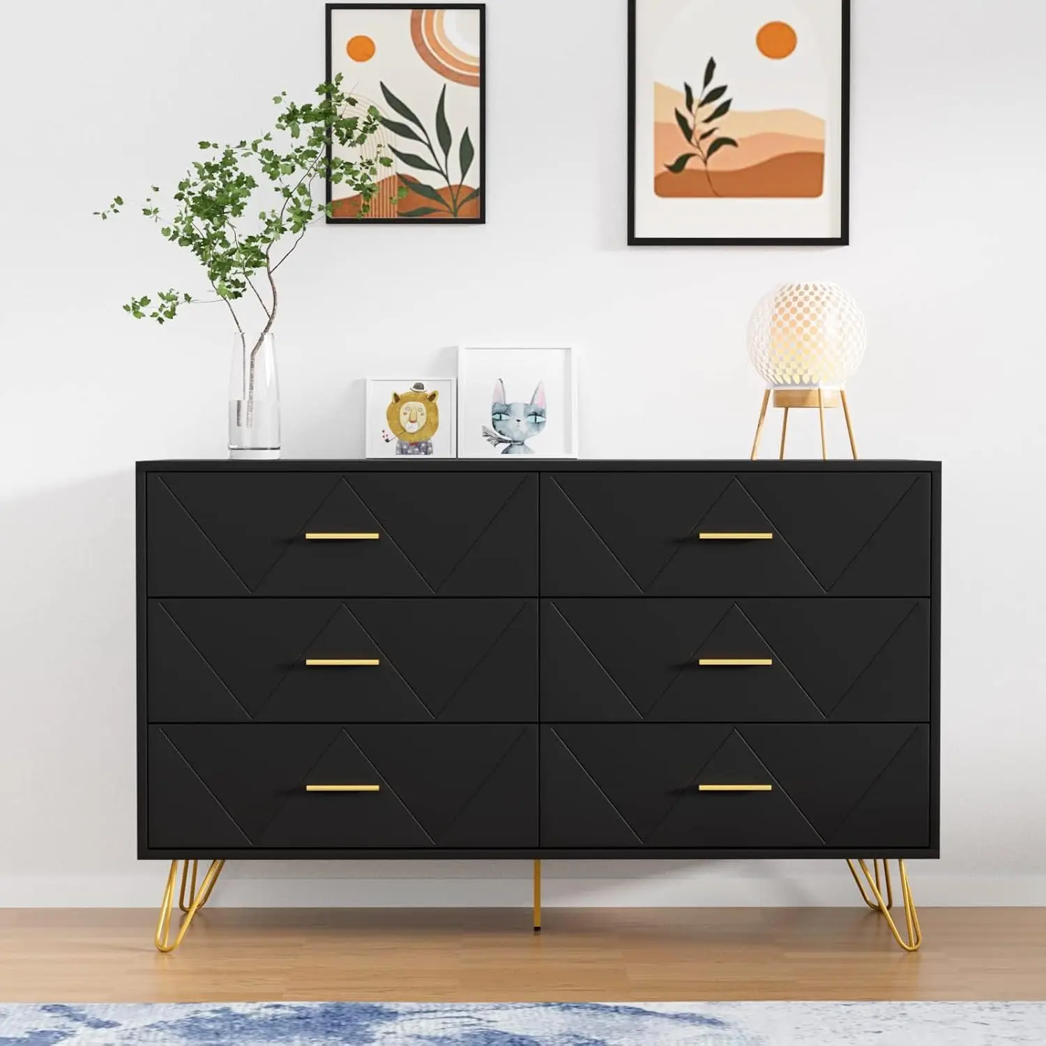 Black Dresser for Bedroom, Modern Dresser for Bedroom, 6 Drawer Double Dresser with Wide Drawers and Metal Handles Wood Dressers