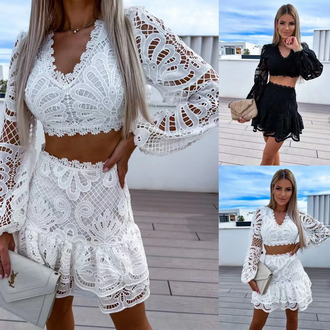 Sexy Hollow Out Lace Patchwork Skirts Two Piece Set Women Solid Color Slim Cropped Top A-line Short Skirt 2 Piece Sets Female