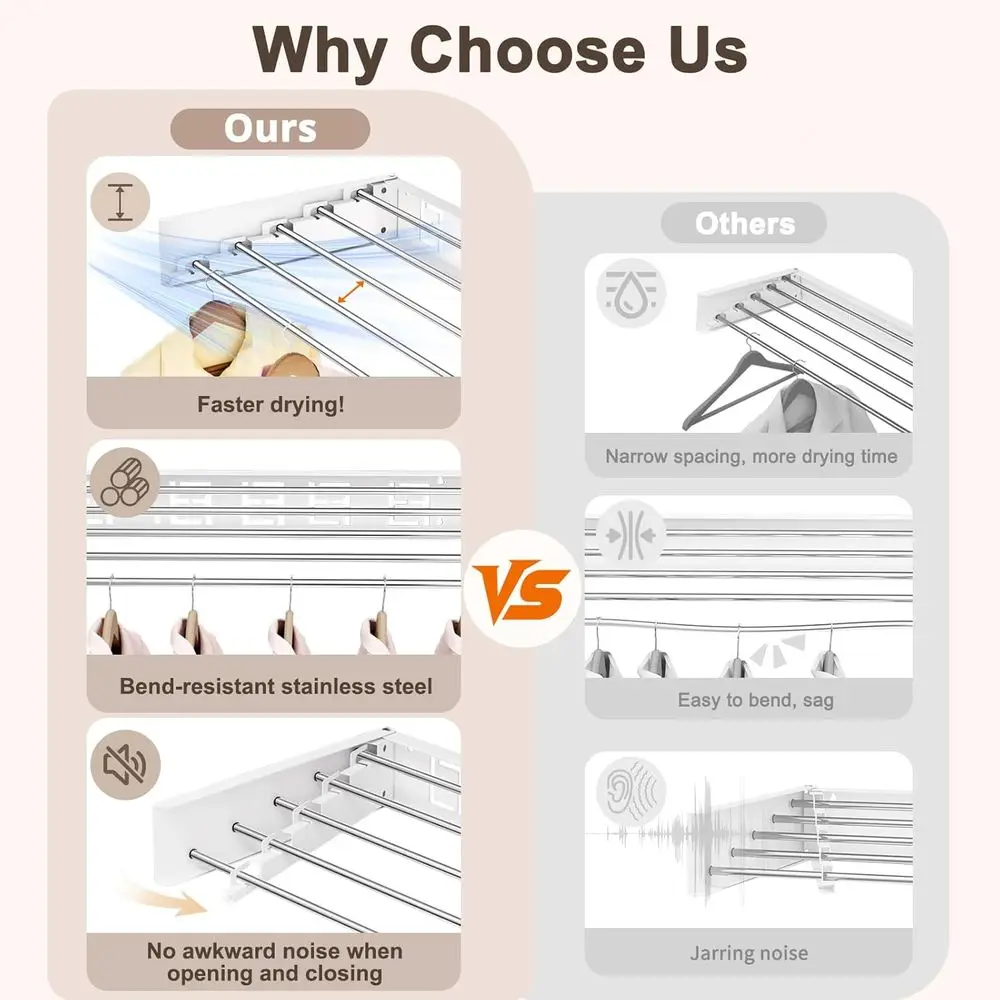 Space-Saving Indoor Folding Clothes Drying Rack, Collapsible & Retractable, 6 Rods, White, 40