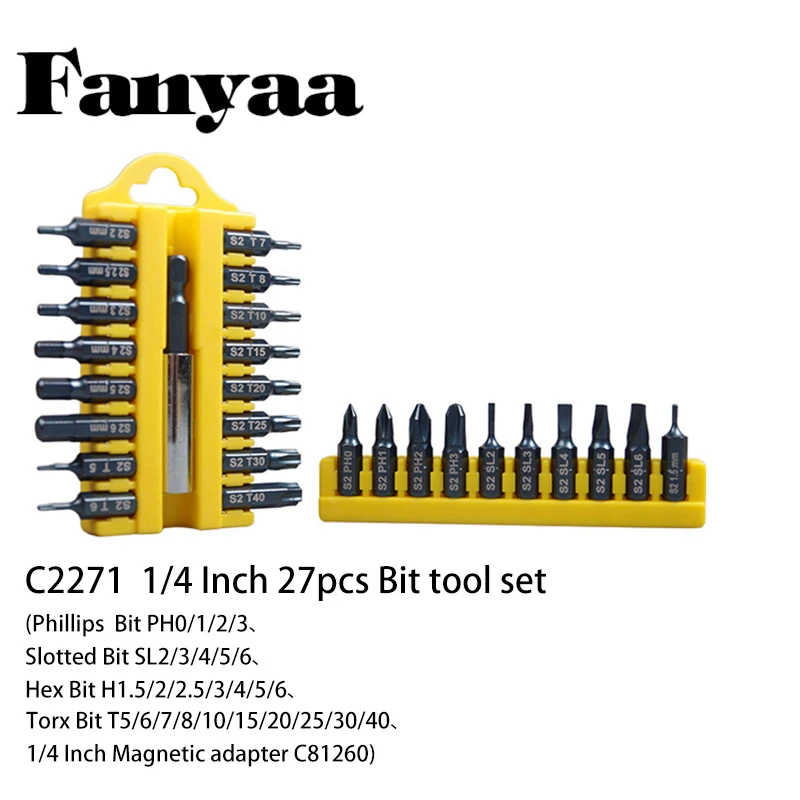 Screwdriver Magnetic Bit Set 1/4 Inch S2 Steel Hex, Torx, Phillips, Slotted Driver Bit Set, Replaceable Magnetic Tip Adapter