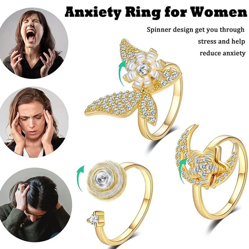 Anéis Giratórios Antiestresse SMJEL Girassol para Mulheres, Fidget Spinner, Anel Aberto Ajustável, Borboleta Fofa, Anéis de Ansiedade