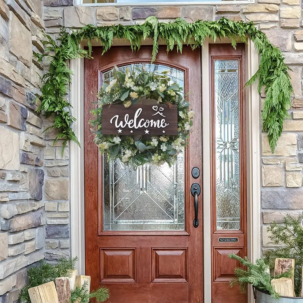 Искусственный венок, магазин добро пожаловать в переднюю фотографию, венок для растений в фермерском стиле с цветочным оформлением, свадебное украшение