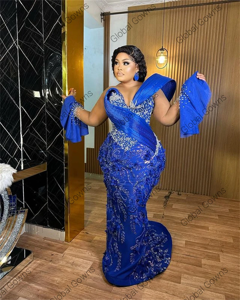 Aso Ebi Royal Blue O N Evening Dress Black Girl Bead Crystal Birthday Party Dresses Luxury Flower Wedding Prom Gown Customized