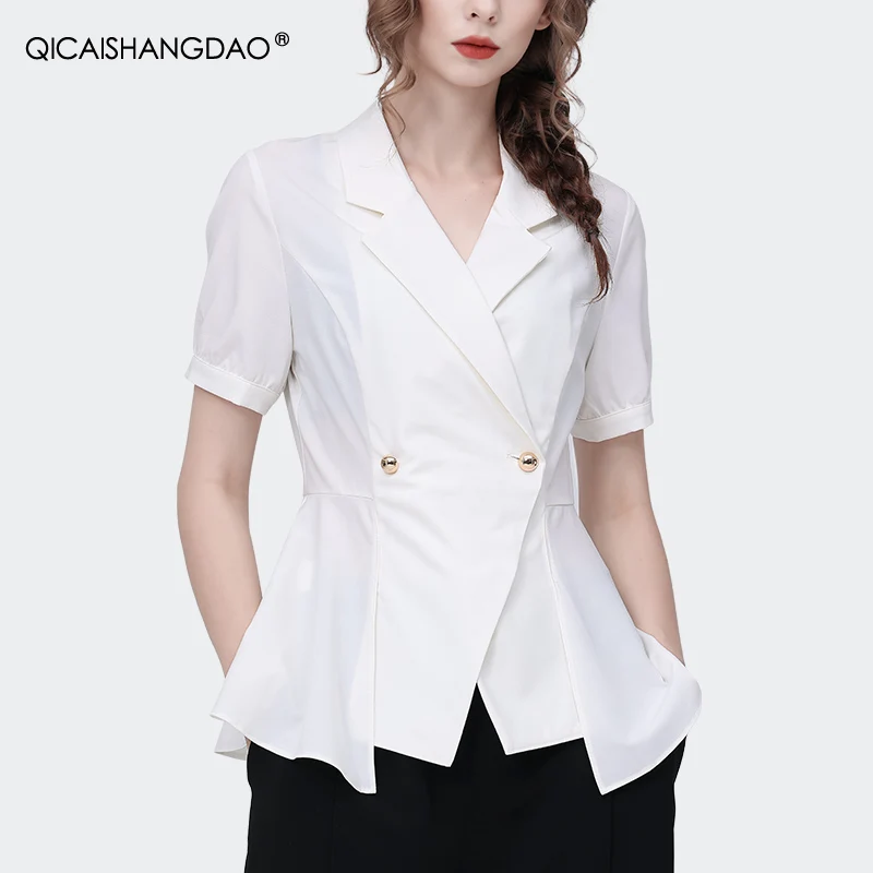 Elegant Suit Collar Women' Short Sleeve Solid Color Satin Shirt Slim Office Ladies Spring Summer Formal Working Tops Blouses