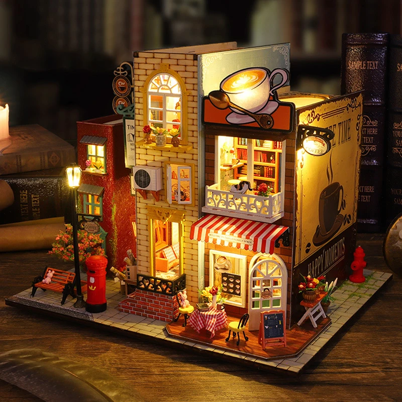 

NEW Retro DIY Wooden Coffee Villa Dollhouses Miniature Kits With Furniture LED Lights Home Desk Decoration Adult Handmade Gifts