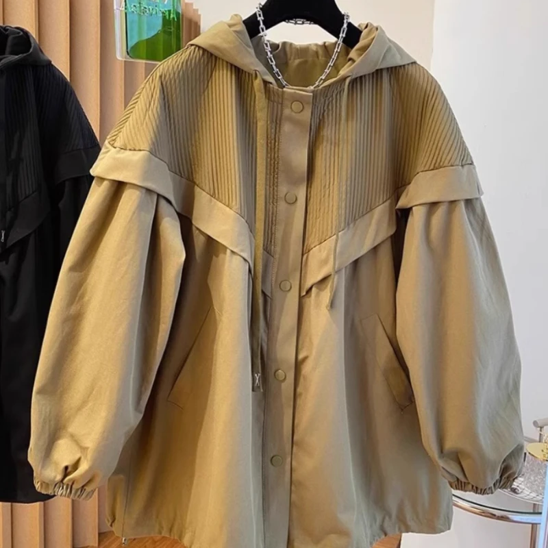 2024 New Pleated Splicing Hooded Trench Coat Jacket Thin Khaki Shirt  Women Windbreaker with Hood Ladies Spring Coat oversized