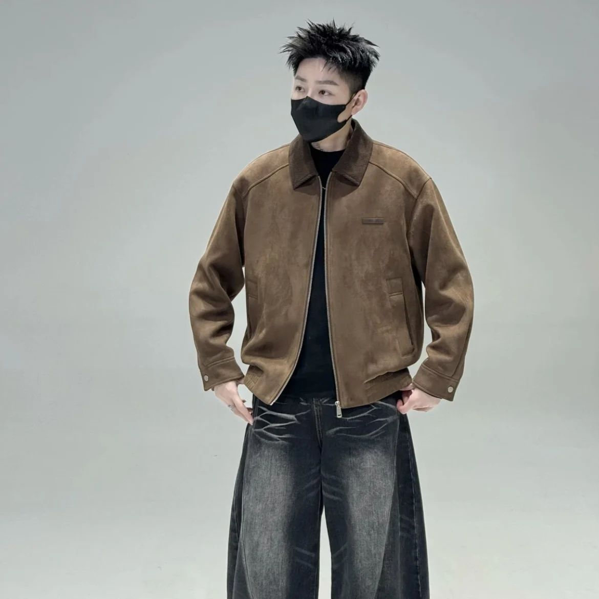 

Мужская повседневная куртка свободного кроя из замши с воротником, весна 2026, модная универсальная верхняя одежда из смесового полиэстера и спандекса