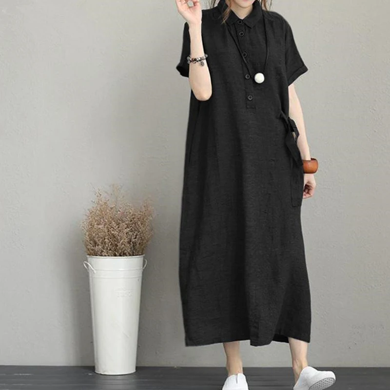 2023 Women New Summer Cotton Linen Lapel Pockets Loose Casual Vintage Dresses Short Sleeve Oversized Long Dress