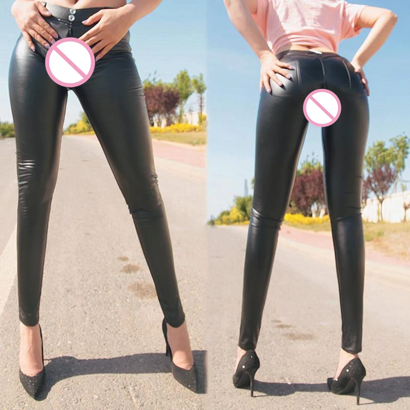 Woman Sexy Crotch Leather Leggings with Hidden Zippers Crotchless PU Panties Butt Push Up Open-Seats Pants Adult Sex Toy Costume