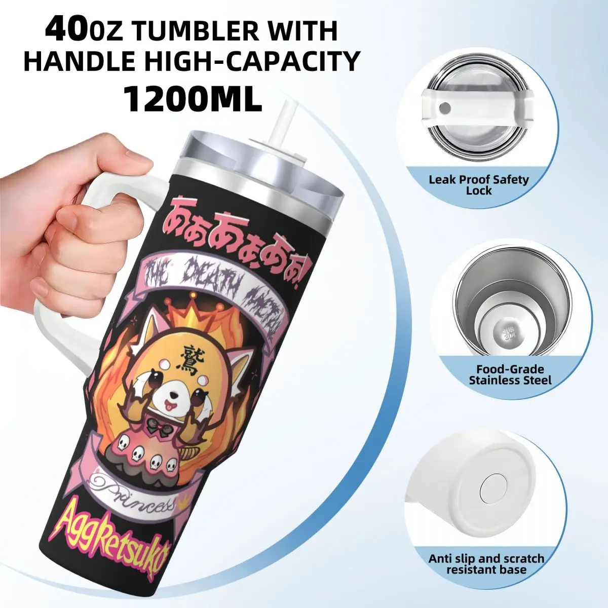 Stainless Steel Tumbler Aggretsuko Princess Coffee Mug Portable Cold Drink Car Mugs Driving Printed Water Bottle