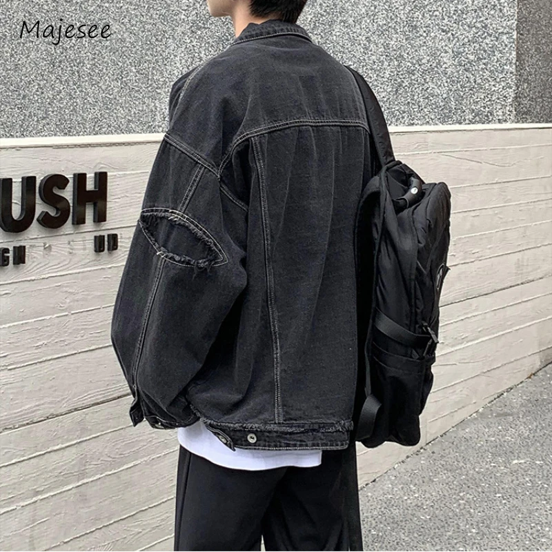

Denim Jackets Men Hole Raw Edge Streetwear Autumn All-match Long Sleeve Korean Commuting Style Youthful Teenagers Outwear Daily