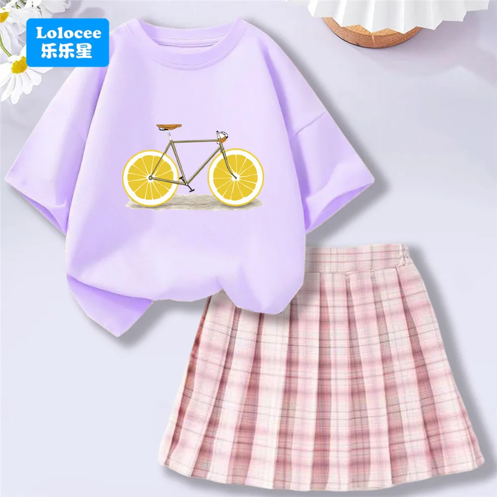 Mädchen-Outfit mit süßem Zitronen-Fahrrad-Motiv, 2-teilig, kurzärmeliges Oberteil und karierter Faltenrock, Sommer, 3-14 Jahre