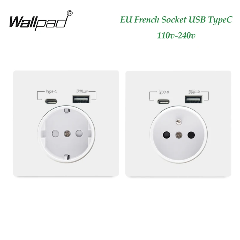 EU French Phone Type C USB Outlet Wall Charger Wallpad White PC Panel Adapter AC Power Socket Smart Home 5V 2.1A Box Holer