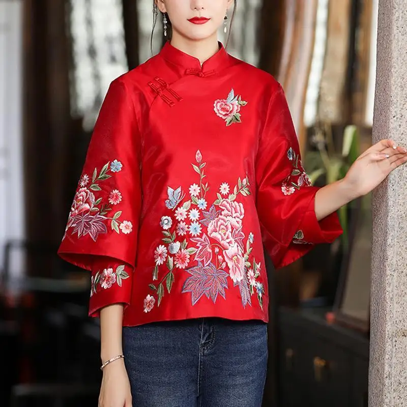 Elegant Loose Blouse New Spring and Autumn Ethnic Style Tang Suit Coat Retro Embroidery Button Chinese Top Women\'s Top