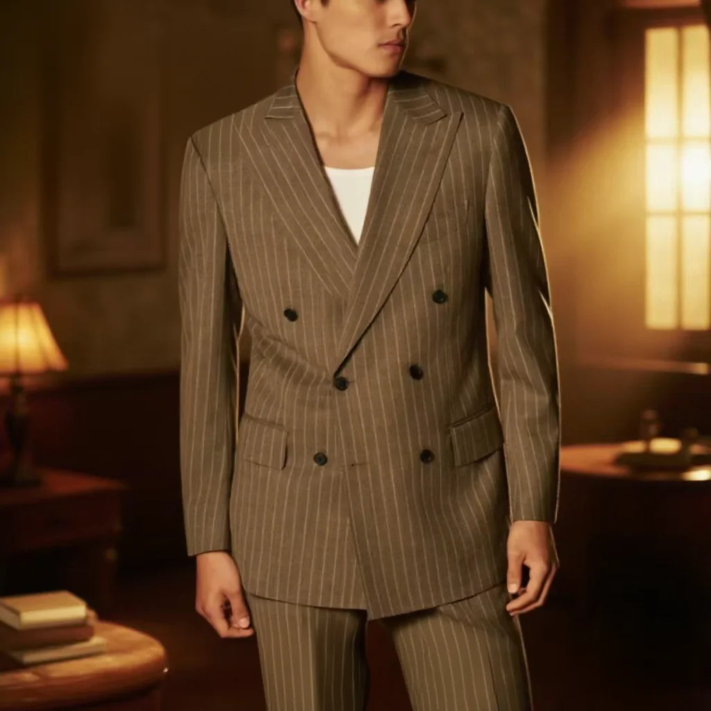 

Brown Stripe Men's Suits 2 Pieces Blazer Trousers Peak Lapel Double Breasted Male Clothing Party Elegant Wedding Jacket Pants