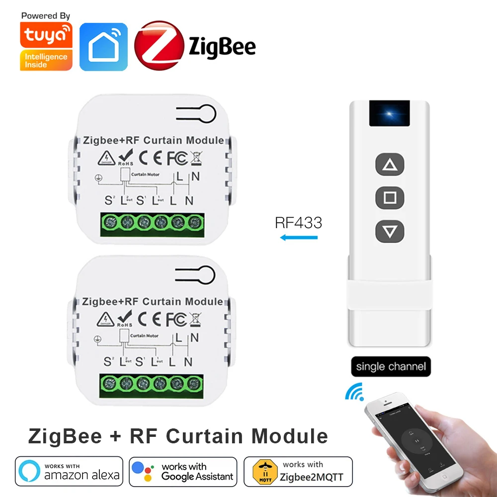 Tuya Zigbee Curtain Switch Module with RF433 Function for Motorized Roller Shutter Blinds Motor Smart Life APP Alexa Google Home