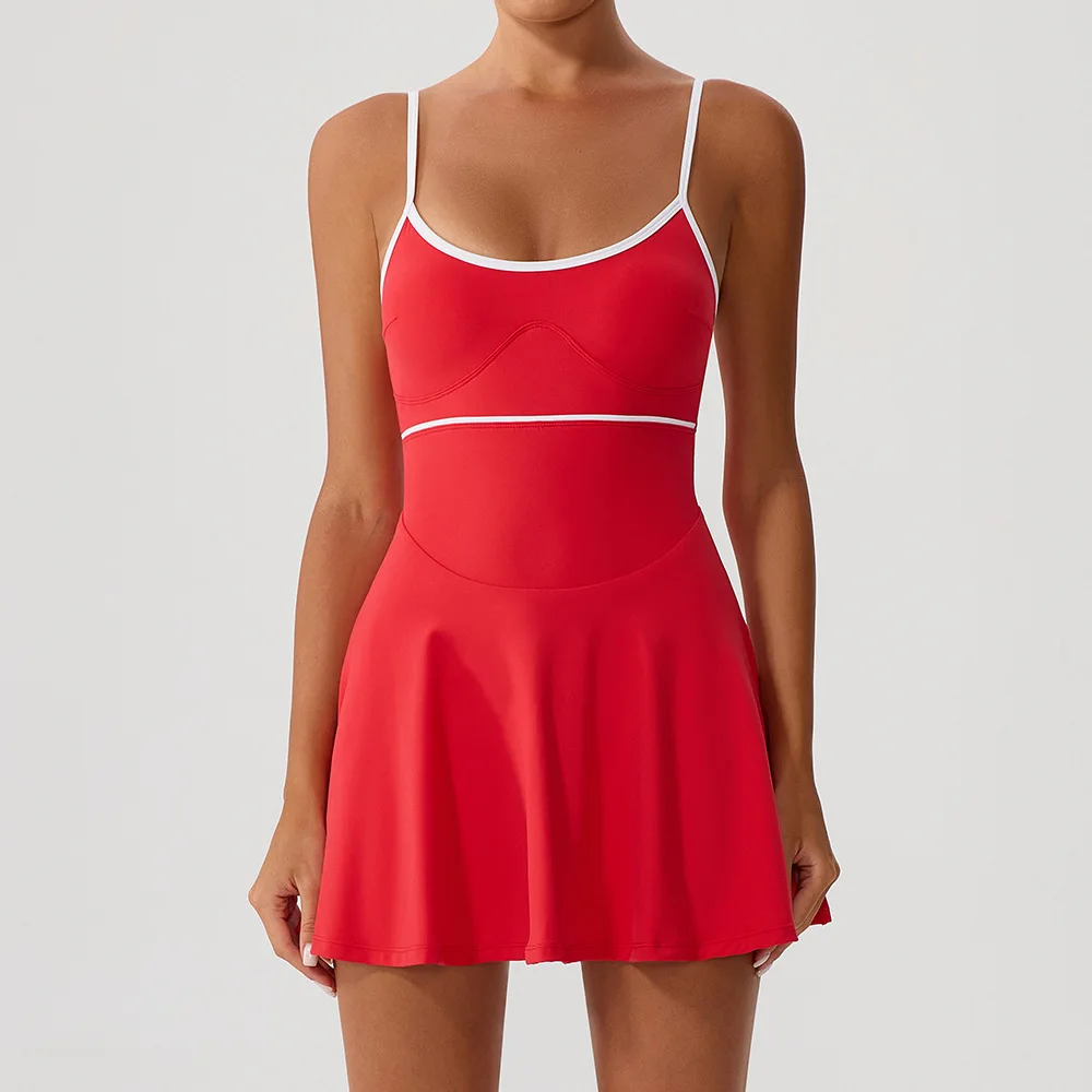 Tennis Dress with Shorts Women Sleeveless Slim Fit Workout Badminton Dress Summer Athletic Spaghetti Strap Outfit New