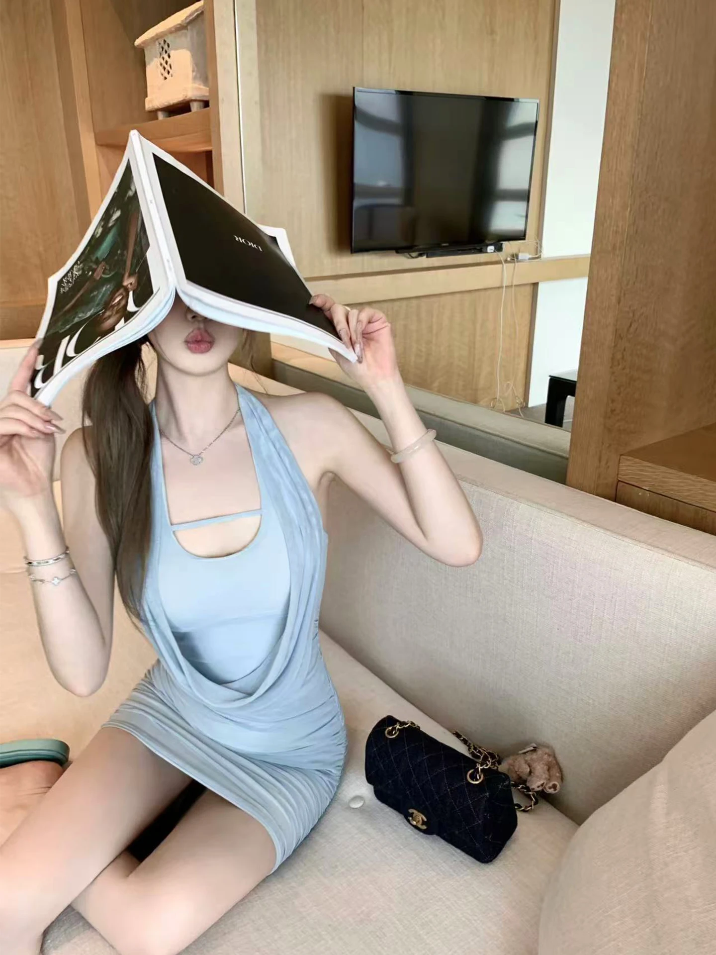 

Сексуальное летнее хлопковое платье с высокой талией для женщин, с V-образным вырезом, плиссированное, с запахом, короткое, без бретелек, для дам