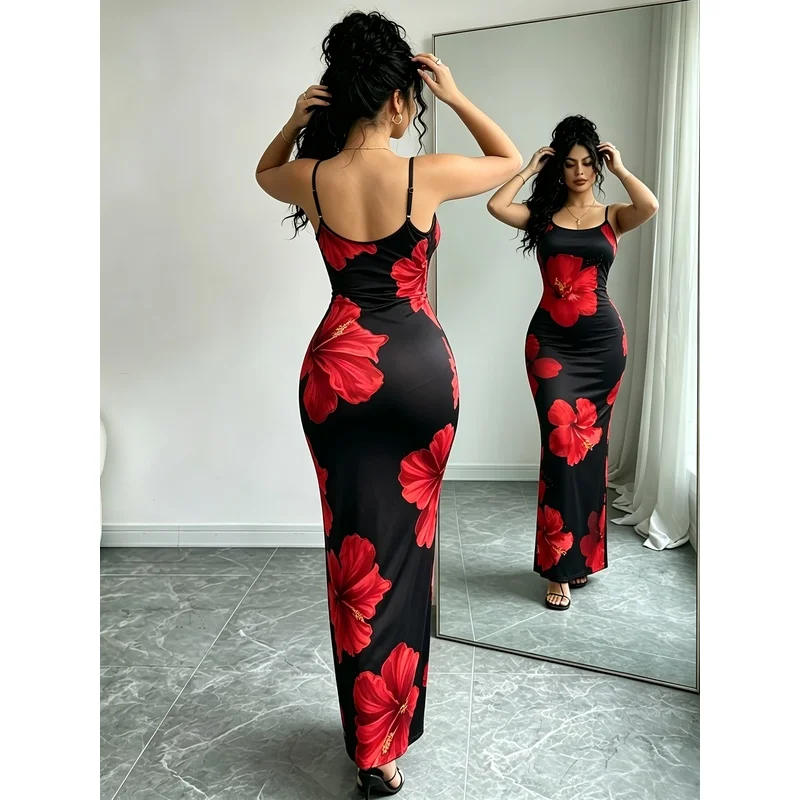 Women'S Adjustable Strap Printed Cami Dress, High-Waist Cinched -Lifting Long Skirt, Stretchy And, Suitable Beach Vacation/