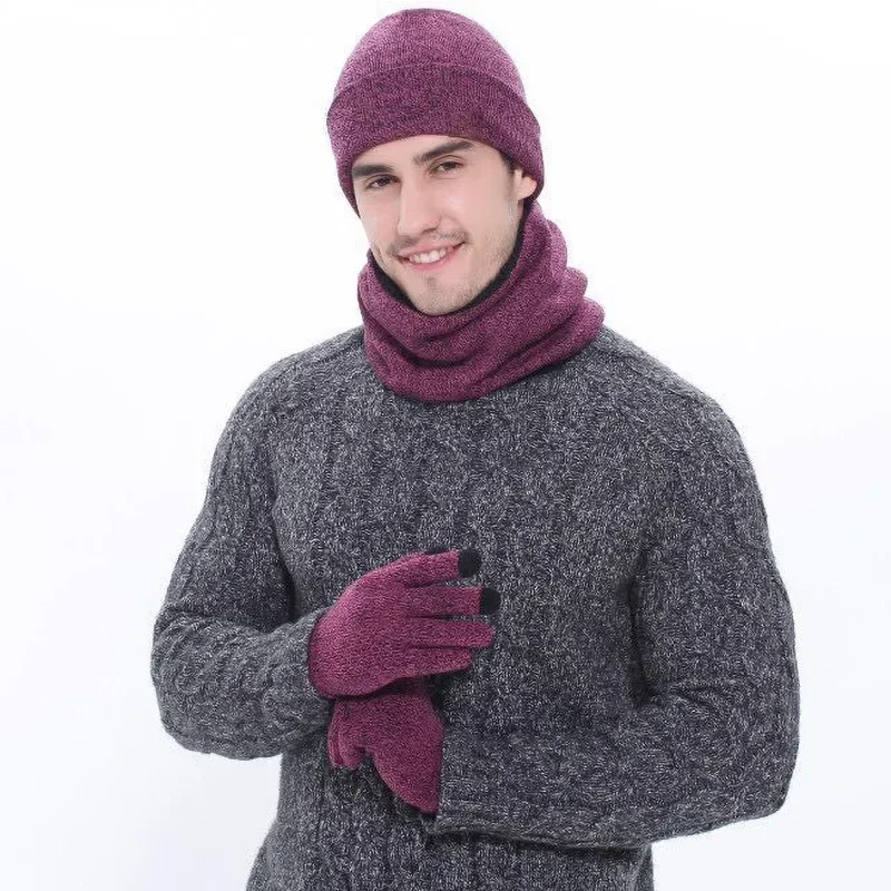 Fashion Thickened Knitted Hat Neck Scarf Glove for Men Autumn Winter Cold Protection Warm Three Piece Set Clothing Accessories