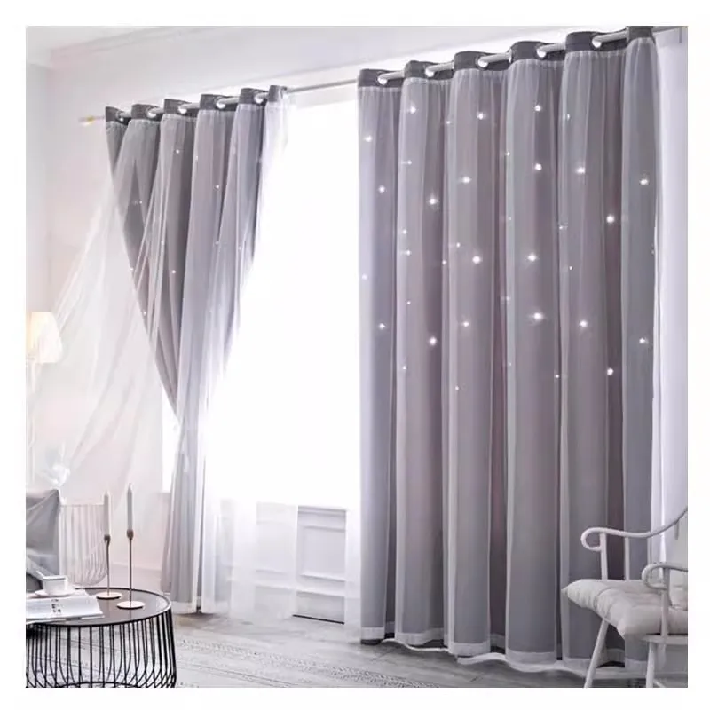 Hollow Star Curtains Same Lace Curtains, Dreamy Princess Wind High-Black-Shading Double-Layer Curtains Finished
