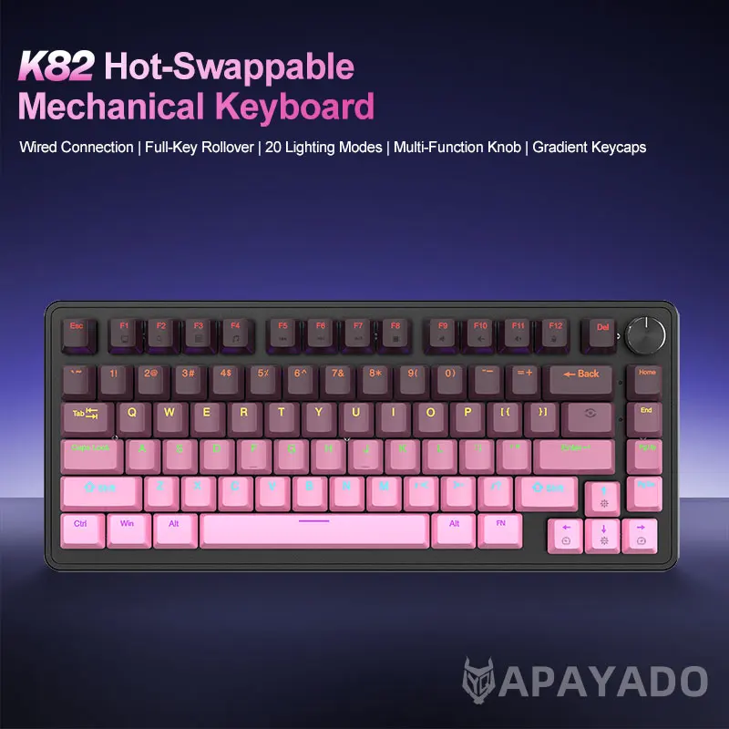 K82 Mechanical Keyboard,Cool Backlight,Multifunctional Knob ,Full Key Hot Swappable,Wired Connection,Windows&Mac