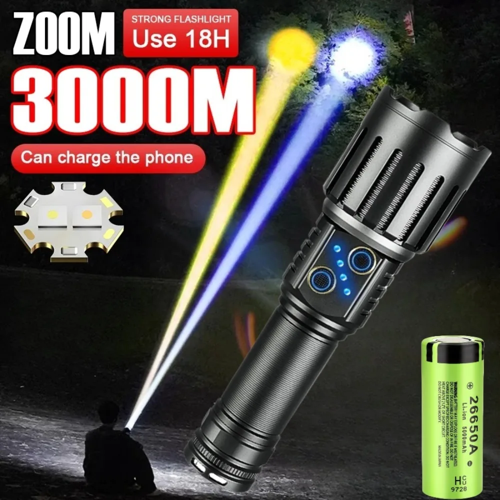 

Светодиодный фонарь с дальностью действия 3000 м, USB-перезаряжаемый, с регулируемым фокусом, тактический, водонепроницаемый, для охоты, кемпинга и походов на природе