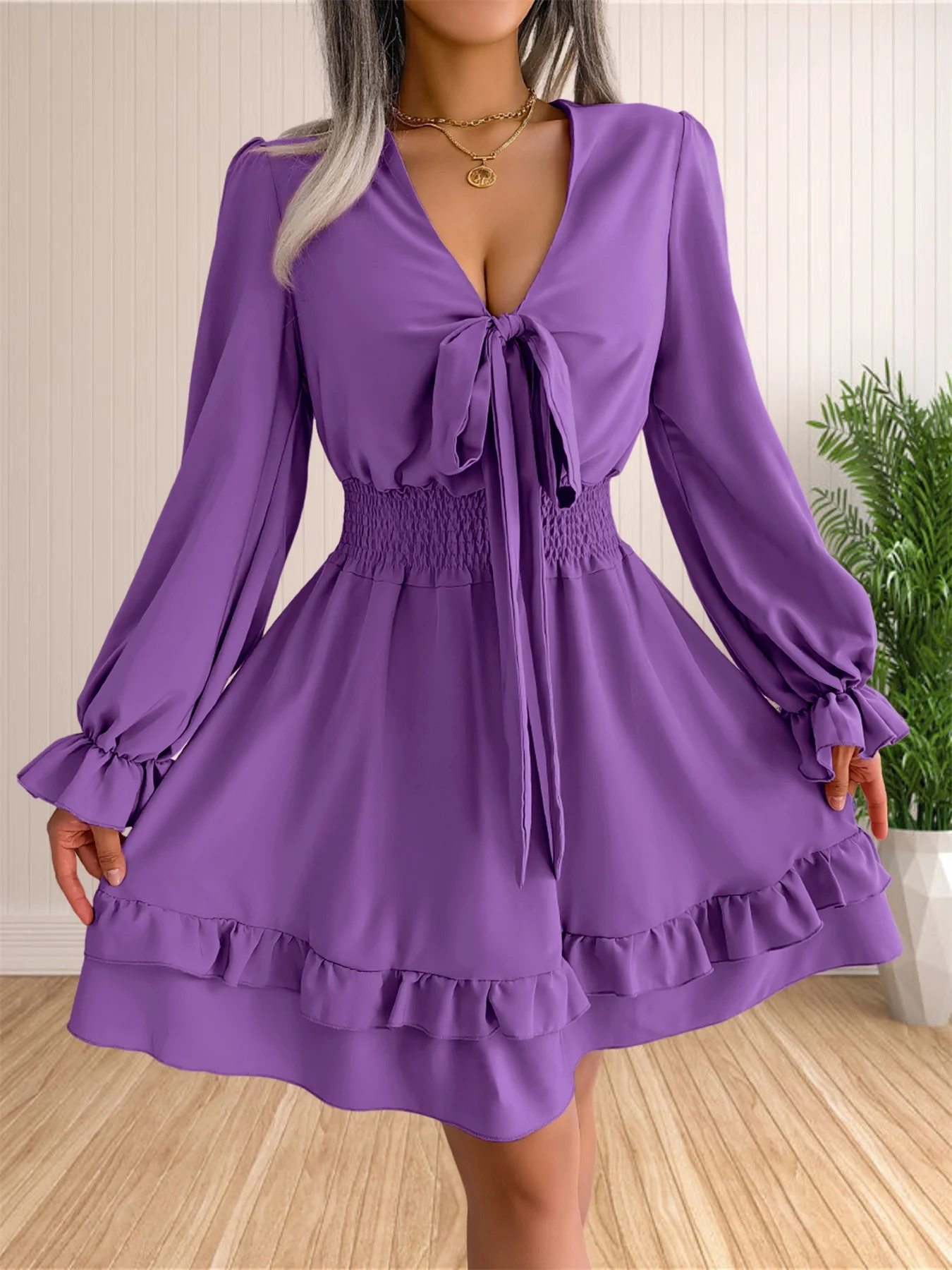 Women's Sexy Deep V Neck Knot Front Long Sleeve Smocked Wiast Ruffle Tiered Swing Mini Skater Dress
