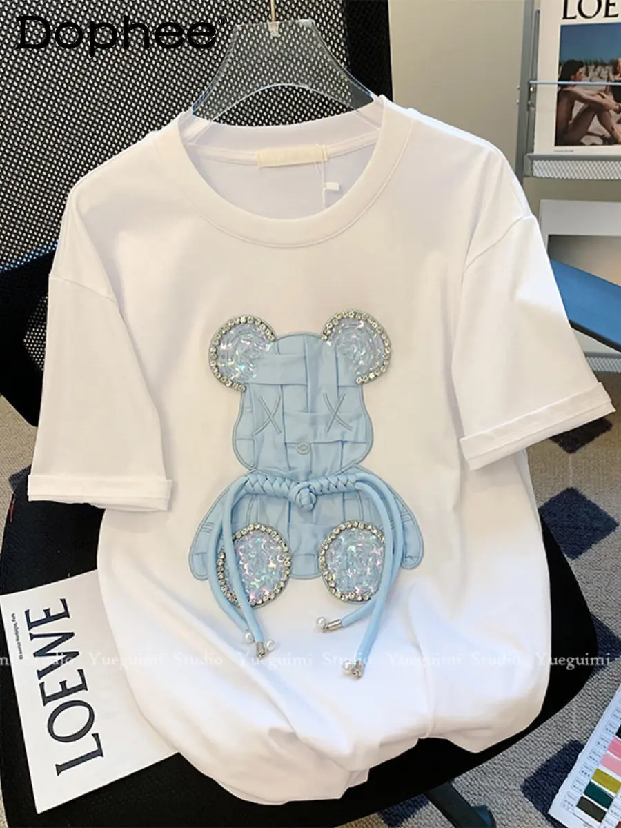 Heavy Industry Cartoon Bear T-shirt Women 2023 Spring Summer New Mid-Length Blouse White Pure Cotton Short-Sleeved T Shirt Top