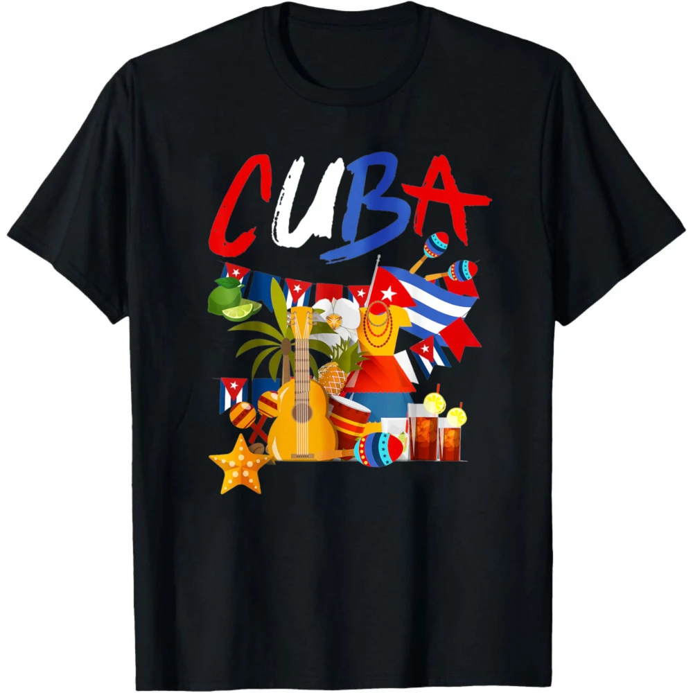 Cuba Flag Graphic T-Shirt Cuban Culture Symbols Guitar Summer Short Sleeve Casual Tops Men Women Adults Hispanic Heritage Tee