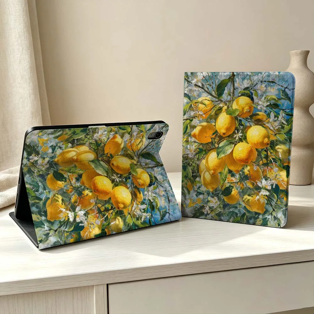 Yellow Lemon Tree Branch For iPad Pro Air mini 7 6 5 4 3 2 1 M5 M4 M3 11th 10th A17 Pro A16 A14 Soft Pen Tray Tablet Case