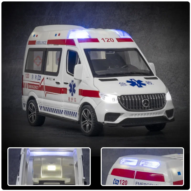 1:24 Mercedes-Benz Hospital Rescue Ambulance Metal Car Model Pull Back Sound and Light Alloy Car Toys for Children Boys Gift C68