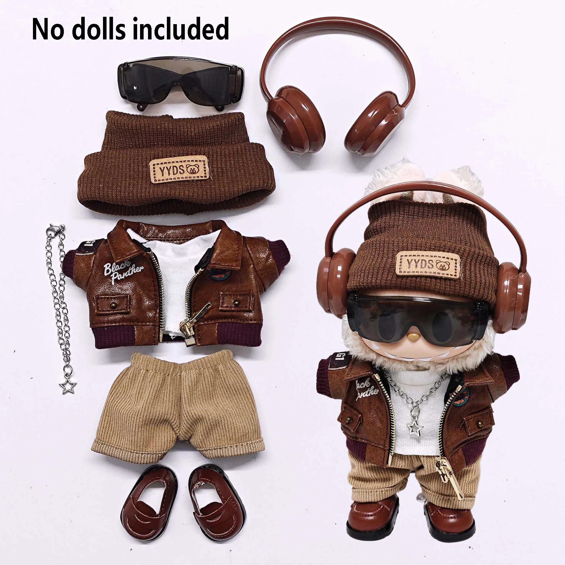 Voor Labubu Hoogwaardige Poppenkleertjes 15 cm-17 cm Modieuze Retro Leren Jas 8-set Labubu Universele Kleding